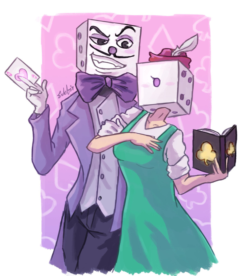 5_fingers book breasts card clothed clothing cuphead_(game) duo erkfir female fingers for_a_head fully_clothed george_(oneshot) green_clothing hat headgear headwear hi_res holding_book holding_card holding_object humanoid king_dice male not_furry object_head oneshot open_book purple_clothing teeth