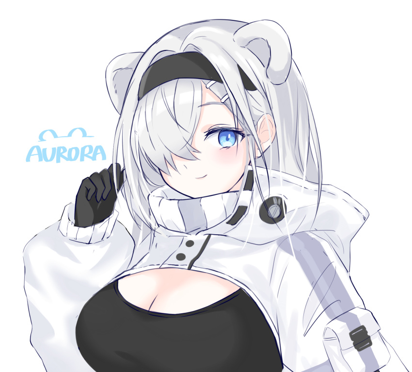 animal_ears arknights aurora_(arknights) aurora_(elite_ii)_(arknights) bear_ears black_gloves black_hairband black_shirt blue_eyes breasts character_name cleavage commentary_request female gloves hair_over_one_eye hairband hand_up highres lalihop large_breasts long_hair looking_at_viewer shirt shrug_(clothing) simple_background smile solo upper_body white_background white_hair