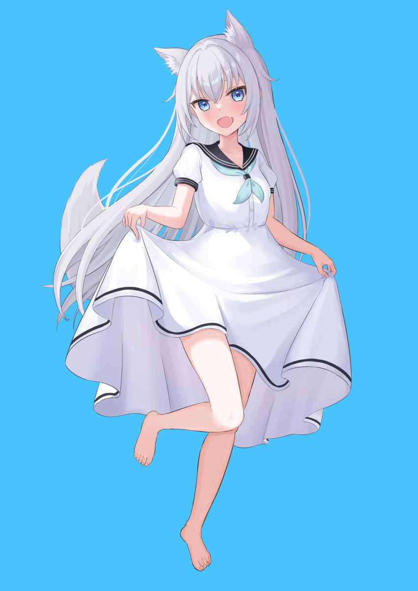 absurdres animal_ear_fluff animal_ears barefoot black_sailor_collar blue_background blue_eyes blue_neckerchief blush commentary_request dress female full_body grey_hair highres legs long_hair looking_at_viewer mikeran5648 neckerchief oerba_yun_fang open_mouth original puffy_short_sleeves puffy_sleeves sailor_collar sailor_dress short_sleeves simple_background skin_fang skirt_hold smile solo standing standing_on_one_leg tail toenails toes very_long_hair white_dress