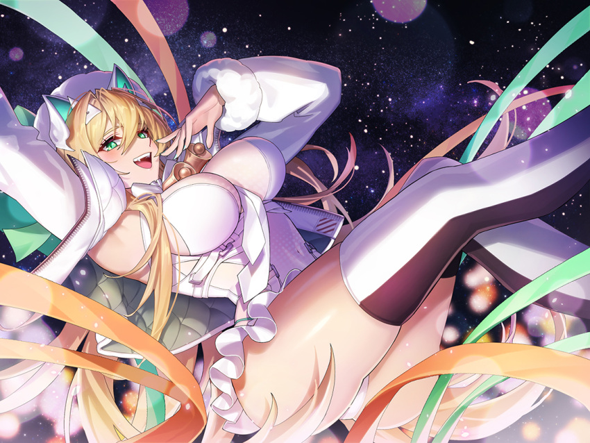 animal_ears arm_up bad_id bad_pixiv_id bell between_breasts black_thighhighs blonde_hair blush breasts cleavage commentary covered_navel fake_animal_ears feet_out_of_frame female fur-trimmed_sleeves fur_hat fur_trim goddess_of_victory:_nikke green_eyes green_panties hair_between_eyes hand_on_own_face hat jacket large_breasts legs leotard long_hair long_sleeves looking_at_viewer mingoo neck_bell necktie necktie_between_breasts oerba_yun_fang official_alternate_costume open_clothes open_jacket open_mouth panties panty_straps rupee_(nikke) rupee_(winter_shopper)_(nikke) solo teeth thighhighs two-tone_thighhighs underwear upper_teeth_only very_long_hair white_jacket white_leotard white_necktie white_thighhighs