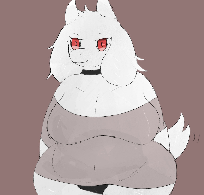 anthro bovid caprine choker clothed clothing curvy_figure female floppy_ears fluffy fluffy_tail hi_res humanoid jewelry looking_at_viewer lop_ears mammal miyang_draws! necklace panties red_eyes shirt slightly_chubby slightly_chubby_anthro slightly_chubby_female smile solo tail thick_thighs topwear toriel undertale_(series) underwear voluptuous