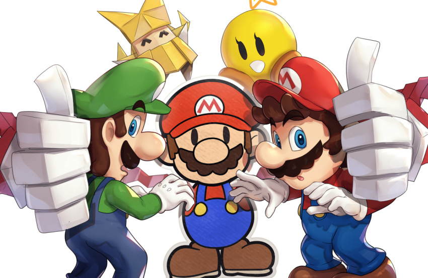 3boys :d ^_^ blue_eyes blue_overalls brothers brown_footwear brown_hair closed_eyes commentary_request dual_persona facial_hair from_behind gloves gonzarez green_headwear green_shirt hat long_sleeves looking_at_viewer looking_back luigi male_focus mario mario_&_luigi_rpg mario_(series) moustache multiple_boys olivia_(paper_mario) open_mouth outstretched_arms overalls paper_mario paper_mario:_the_origami_king red_headwear red_shirt shirt shoes short_hair siblings simple_background smile standing starlow thick_eyebrows thumbs_up white_background white_gloves