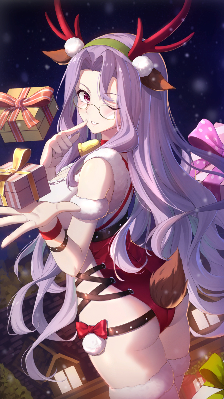 animal_ears antlers ass bare_shoulders bell blurry blurry_background blush box bracelet building christmas clothing_cutout cowboy_shot curly_hair deer_antlers deer_ears deer_tail fake_animal_ears fake_horns female finger_to_mouth from_behind fur-trimmed_leotard fur-trimmed_thighhighs fur_trim gift gift_box girl_cafe_gun glasses grin hair_intakes hands_up highres horns jewelry leotard long_hair looking_at_viewer looking_back neck_bell night night_sky nola_moon_(girl_cafe_gun) official_art one_eye_closed outstretched_hand parted_bangs purple_hair red_eyes red_leotard santa_leotard side_cutout sky smile snowing solo tail thighhighs very_long_hair white_thighhighs