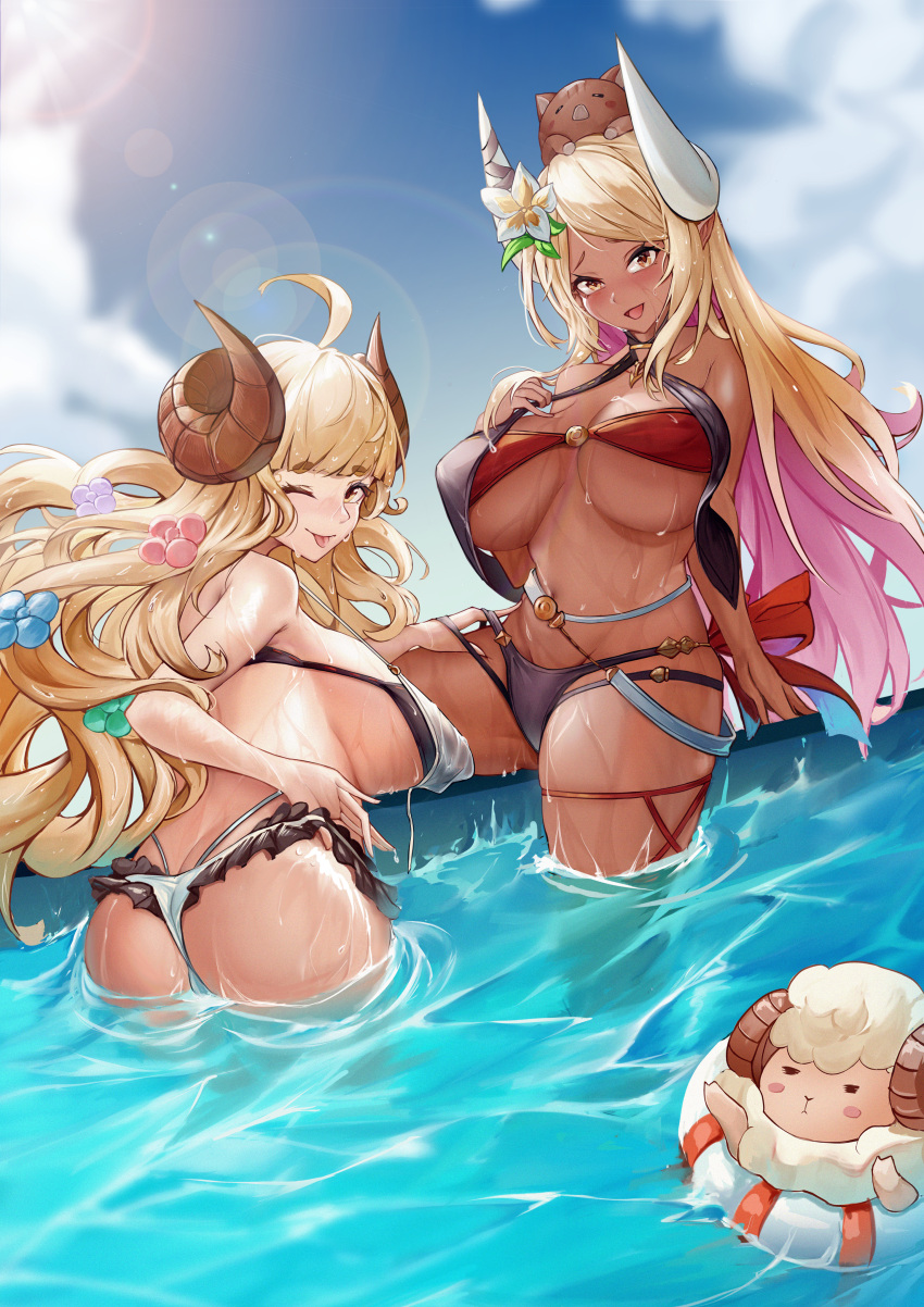 2girls :p absurdres ahoge anila_(granblue_fantasy) anila_(summer)_(granblue_fantasy) ass bikini blonde_hair blush breasts curled_horns draph flower frilled_bikini frills granblue_fantasy hair_flower hair_ornament halterneck highres horn_ornament horn_ribbon horns jiang_(kplrt_07) kumbhira_(granblue_fantasy) kumbhira_(summer)_(granblue_fantasy) large_breasts layered_bikini leg_ribbon lifebuoy multicolored_hair multiple_girls official_alternate_costume one_eye_closed outdoors pig pink_hair ribbon sheep sideboob smile straight_hair swim_ring swimsuit thigh_ribbon tongue tongue_out two-tone_hair underboob wading water wet yellow_eyes