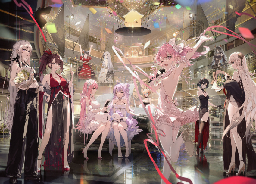 6+girls anniversary azur_lane bouquet confetti dress dunkerque_(azur_lane) eagle_union_(emblem) enterprise_(azur_lane) evening_gown flag friedrich_der_grosse_(azur_lane) friedrich_der_grosse_(zeremonie_of_the_cradle)_(azur_lane) high_heels highres howe_(azur_lane) howe_(evening_marvels)_(azur_lane) indoors iron_blood_(emblem) manjuu_(azur_lane) meowfficer_(azur_lane) microphone multiple_girls official_alternate_costume official_art perseus_(azur_lane) real_world_location royal_navy_emblem_(azur_lane) sakura_empire_(emblem) saratoga_(azur_lane) sardegna_empire_(emblem) side_slit streamers stuffed_unicorn thighhighs ulrich_von_hutten_(azur_lane) unicorn_(azur_lane) vittorio_veneto_(azur_lane) yamashiro_(azur_lane) yamashiro_(dressy_black_cat)_(azur_lane) yatsuha_(hachiyoh) zuikaku_(azur_lane)