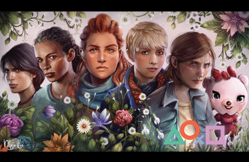 2019 aloy anthro bear black_hair black_nose blonde_hair blouse blue_eyes bow_(disambiguation) brown_eyes brown_hair chloe_fisher clothed clothing dreams_(video_game) ellie_(tlou) female flower frances_(dreams) fur gloves group hair handwear hi_res horizon_(series) human leaf looking_at_viewer maja-lisa mammal naughty_dog open_mouth orange_hair outside plant smile sony_corporation sony_interactive_entertainment standing teeth the_last_of_us topwear uncharted uncharted_4:_a_thief's_end white_body white_fur yellow_eyes