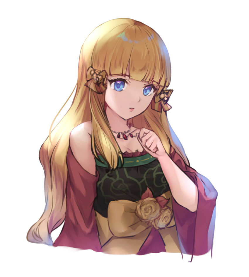 black_bow blonde_hair blue_eyes blunt_bangs blush bow breasts commentary_request cropped_torso dress female hair_ornament hairbow hand_up highres jewelry large_breasts long_hair looking_at_viewer necklace open_mouth partial_commentary pepeo princess_connect! saren_(christmas)_(princess_connect!) saren_(princess_connect!) simple_background solo strapless strapless_dress upper_body white_background