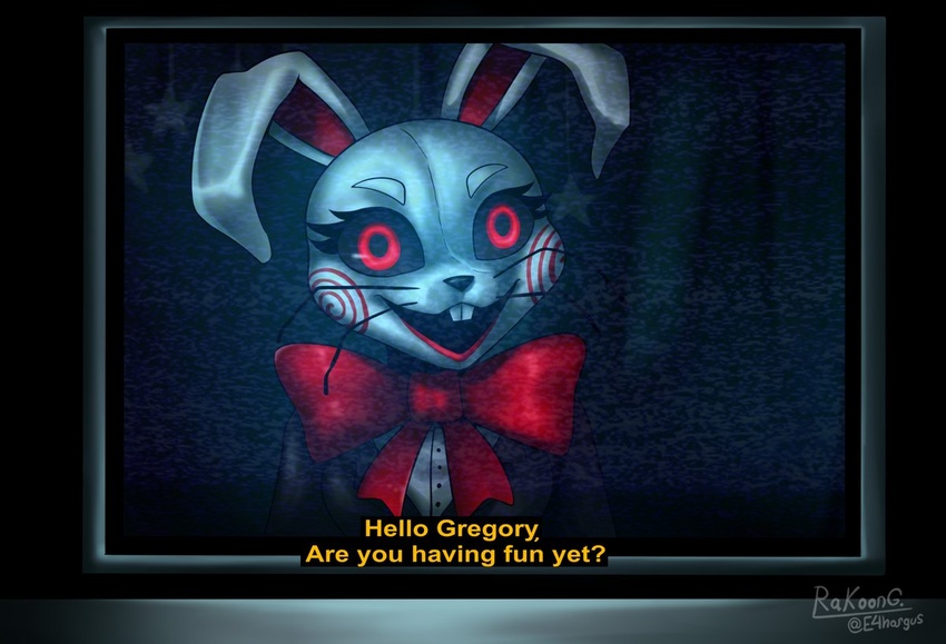 2022 anthro black_sclera bow_tie buckteeth crossover dark dialogue digital_media_(artwork) e4hargus electronics english_text eyelashes female five_nights_at_freddy's five_nights_at_freddy's:_security_breach fur greeting jigsaw_(saw) lagomorph leporid looking_at_viewer mammal puppet rabbit red_eyes saw_(movie) scottgames smile smiling_at_viewer solo static steel_wool_studios subtitled talking_to_viewer teeth television text vanny_(fnaf) whiskers white_body white_fur