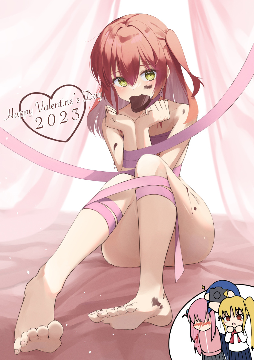 2023 4girls absurdres barefoot bed_sheet blood blush bocchi_the_rock! bound bound_arms camera candy chibi chocolate chocolate_on_body chocolate_on_face chocolate_on_foot chocolate_on_hand chocolate_on_legs clenched_hands collarbone convenient_leg curtains dated eyelashes feet food food_in_mouth food_on_body food_on_face food_on_hand foreshortening full-face_blush green_eyes hair_between_eyes happy_valentine heart heart-shaped_chocolate highres holding holding_camera kita_ikuyo knees_together_feet_apart legs long_hair multiple_girls naked_ribbon nosebleed nude own_hands_together pink_ribbon red_hair ribbon shiny_skin side_ponytail sidelocks soles solo_focus surprised thighs toenails toes toki_kimagure valentine white_background