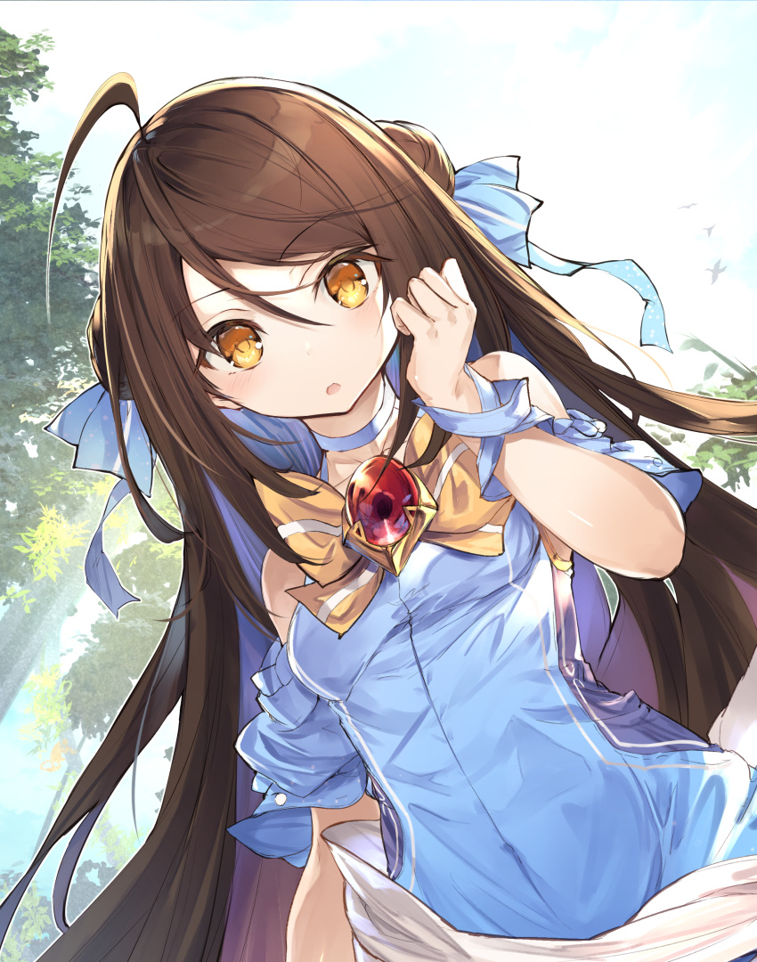 absurdres ahoge blue_bow blue_ribbon blue_shirt bow bowtie brown_hair choker clothing_cutout day dutch_angle fal_maro falanya_elk_arbalest female hair_between_eyes hairbow highres long_hair looking_at_viewer open_mouth outdoors ribbon ribbon_choker shirt shoulder_cutout solo tensai_ouji_no_akaji_kokka_saiseijutsu upper_body very_long_hair wrist_ribbon yellow_bow yellow_bowtie yellow_eyes