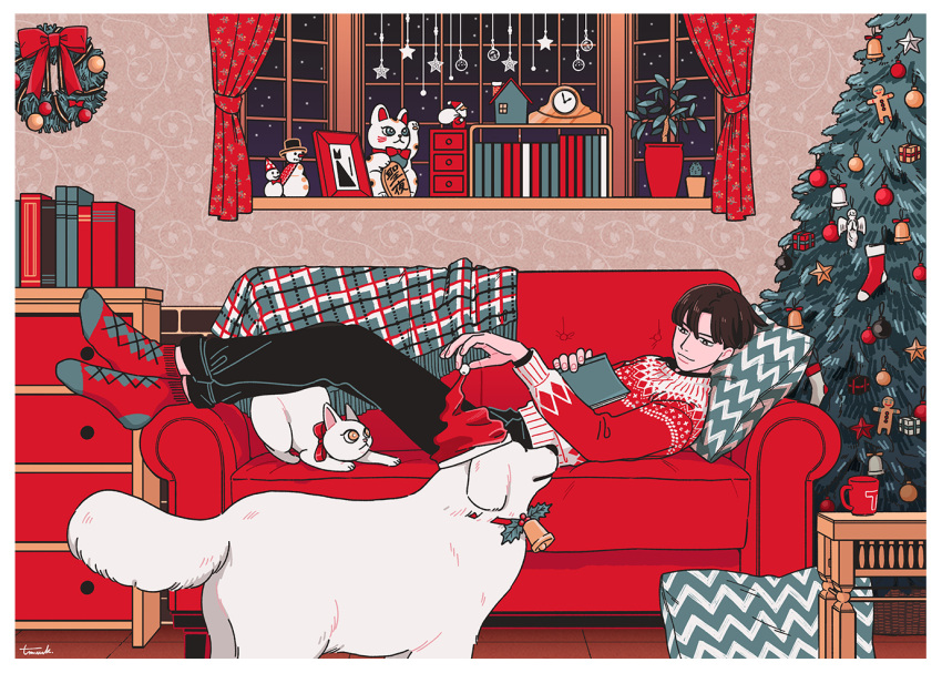 1boy black_hair black_pants book canine christmas christmas_tree clock curtains feline gingerbread_man hat kk724 long_sleeves lying male_focus maneki-neko on_back original pants pillow print_sweater red_sweater santa_hat short_hair signature snowman socks solo sweater white_cat white_dog wide_shot window wreath