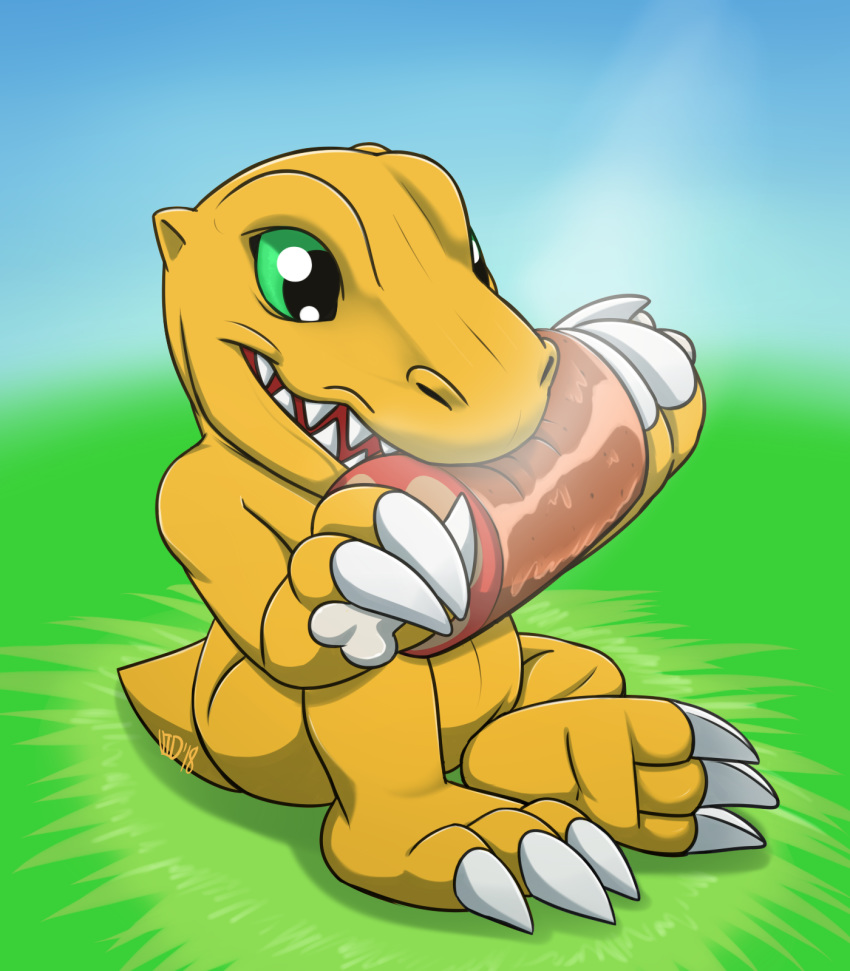 agumon ambiguous_gender bandai_namco bone claws digimon digimon_(species) eating food grass green_eyes hi_res holding_object may825 meat orange_body orange_skin plant reptile scalie signature sitting solo teeth toe_claws