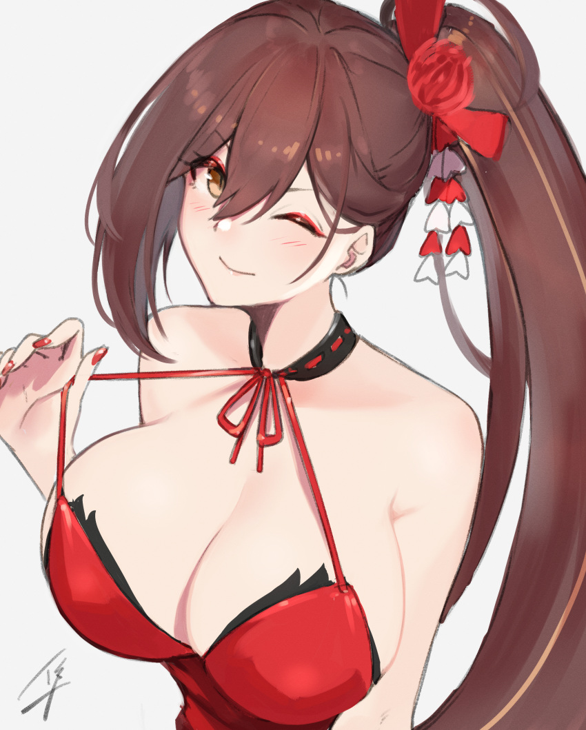 azur_lane bare_shoulders blush bow breasts brown_eyes brown_hair cleavage closed_mouth eyeliner female fingernails flower hair_between_eyes hair_flower hair_ornament hairbow hand_up hayabusa highres large_breasts long_hair looking_at_viewer makeup neck_ribbon one_eye_closed ponytail red_flower red_nails red_neckwear red_ribbon ribbon signature simple_background smile solo upper_body very_long_hair white_background zuikaku_(azur_lane)