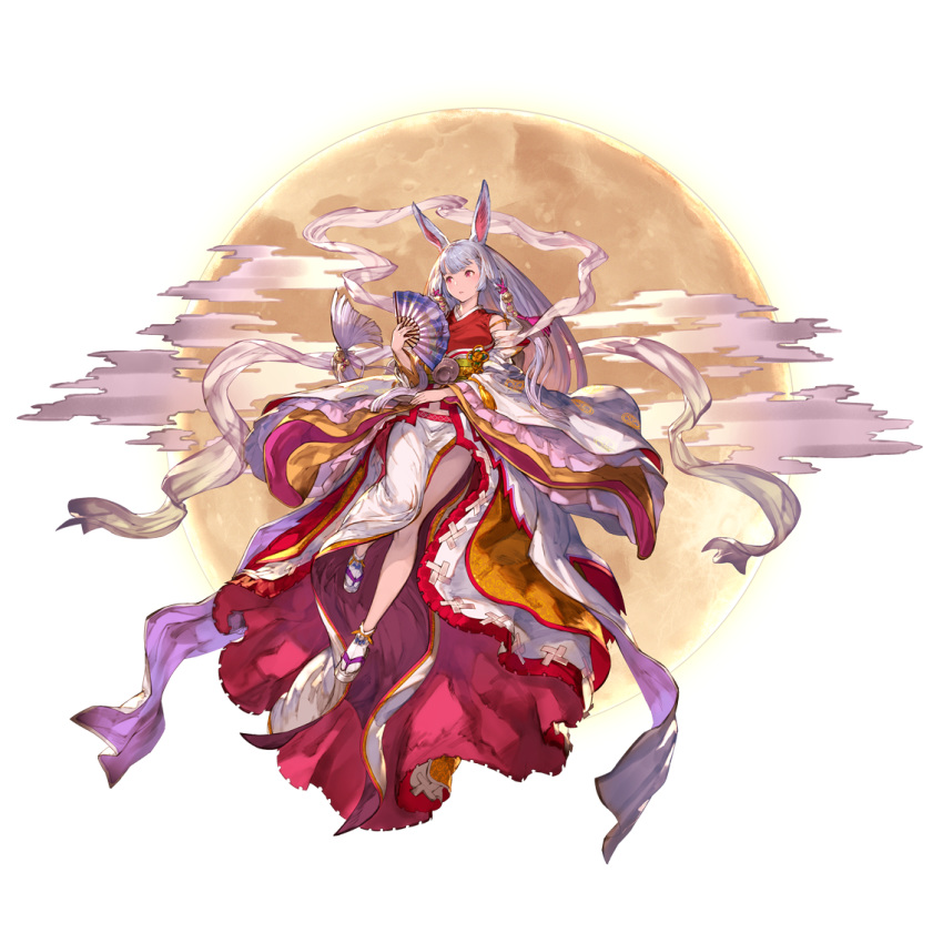 animal_ears dress female full_body granblue_fantasy hair_ornament hand_fan holding japanese_clothes kaguya_(granblue_fantasy) light_purple_hair long_hair looking_away minaba_hideo moon official_art rabbit_ears red_eyes sandals solo tabi transparent_background very_long_hair wide_sleeves