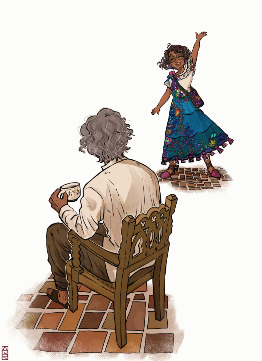 1boy aged_up alternate_universe ankle_strap aqua_skirt arm_at_side arm_up bag brown_pants chair character_name commentary cup dark-skinned_female dark-skinned_male dark_skin disposable_coffee_cup disposable_cup earrings embroidery encanto english_commentary female floral_print from_behind full_body glasses grandfather_and_granddaughter green-framed_eyewear grey_hair heart heart_print highres holding holding_cup jewelry long_sleeves messy_hair mirabel_madrigal on_chair outline pants pedro_madrigal pink_footwear pom_pom_(clothes) pom_pom_earrings sandals shirt shoes short_hair short_sleeves simple_background sitting skirt smile stone_floor tassel teeth upper_teeth_only waguri_341 waving white_background white_outline white_shirt