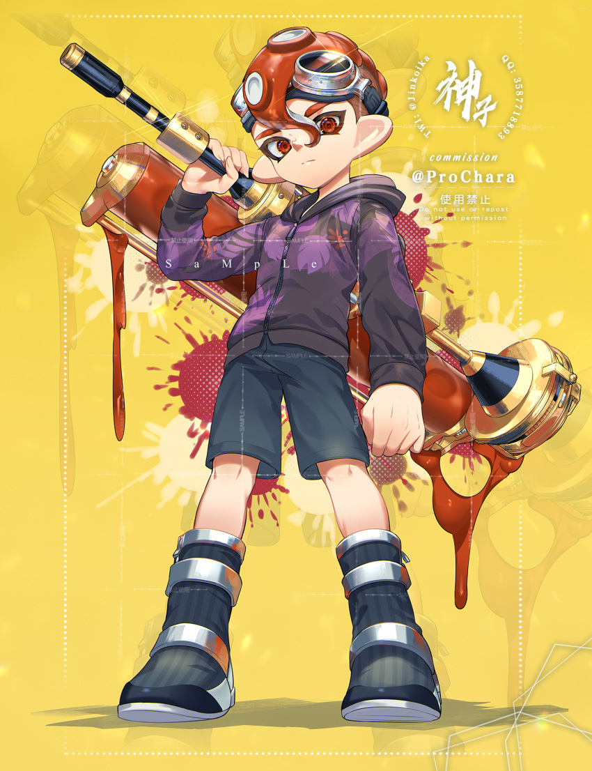 1boy artist_name bike_shorts black_footwear black_shorts boots closed_mouth commentary commission dynamo_roller_(splatoon) english_text frown full_body goggles goggles_on_head highres holding holding_weapon hood hood_down hoodie jinkoika long_sleeves looking_at_viewer male_focus mohawk octoling octoling_boy octoling_player_character over_shoulder pointy_ears purple_hoodie red_eyes red_hair sample_watermark shorts solo splatoon_(series) suction_cups symbol-only_commentary tentacle_hair watermark weapon weapon_over_shoulder yellow_background