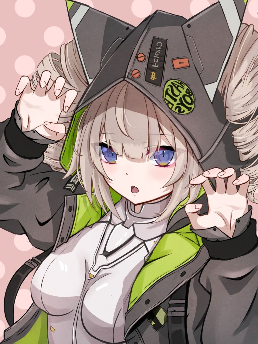 animal_ears black_jacket blonde_hair blue_eyes bodysuit claw_pose drill_hair fake_animal_ears female highres hood hooded_jacket jacket kouzuki_1103 long_sleeves open_mouth polka_dot polka_dot_background shiro_(tower_of_fantasy) solo tower_of_fantasy twin_drills white_bodysuit