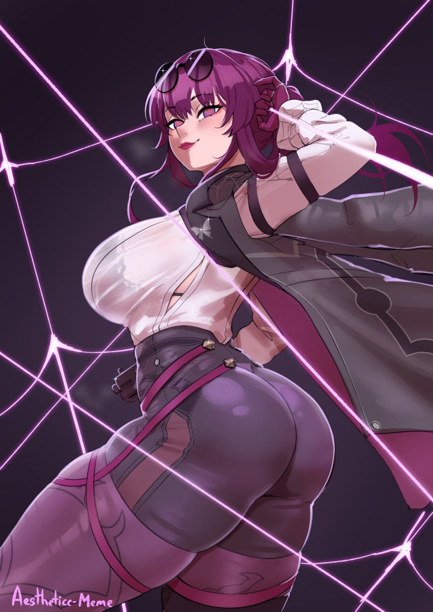 aestheticc-meme ass black_bra black_jacket black_shorts blush boots bra bra_visible_through_clothes breasts butterfly_ornament eyewear_on_head female gloves gun high-waist_shorts highres honkai:_star_rail honkai_(series) jacket kafka_(honkai:_star_rail) large_breasts long_hair pantyhose pantyhose_under_shorts pince-nez purple-tinted_eyewear purple_eyes purple_gloves purple_hair purple_pantyhose round_eyewear see-through see-through_shirt shirt shorts single_thigh_boot smile solo submachine_gun sunglasses thigh_boots thread tinted_eyewear underwear variant_set weapon white_shirt