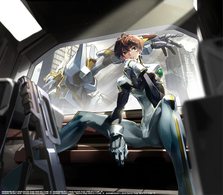 1boy brown_hair code_geass code_geass:_genesic_re;code gloves green_eyes gun hair_behind_ear knightmare_frame kururugi_suzaku lancelot_(code_geass) lancelot_z-01 leaning_forward male_focus mecha official_art open_hand pilot_suit robot science_fiction sitting skin_tight solo_focus submachine_gun vehicle_interior weapon white_gloves whoopin