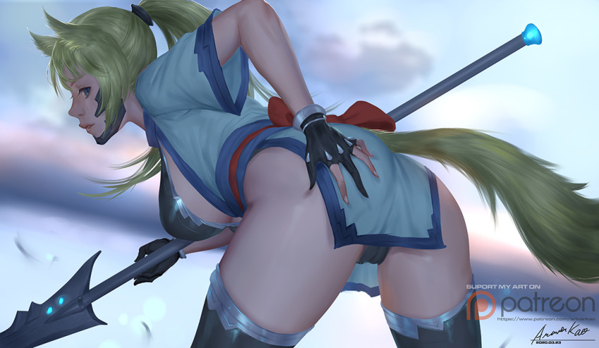 animal_ears ariverkao ass black_panties blonde_hair blue_eyes blurry blurry_background breasts chinese_commentary commentary_request dated female gloves hand_on_own_ass holding holding_weapon large_breasts leaning_forward lips long_hair looking_at_viewer looking_back original outdoors panties partially_fingerless_gloves patreon_logo polearm ponytail short_sleeves signature solo spear tail thighhighs underwear weapon