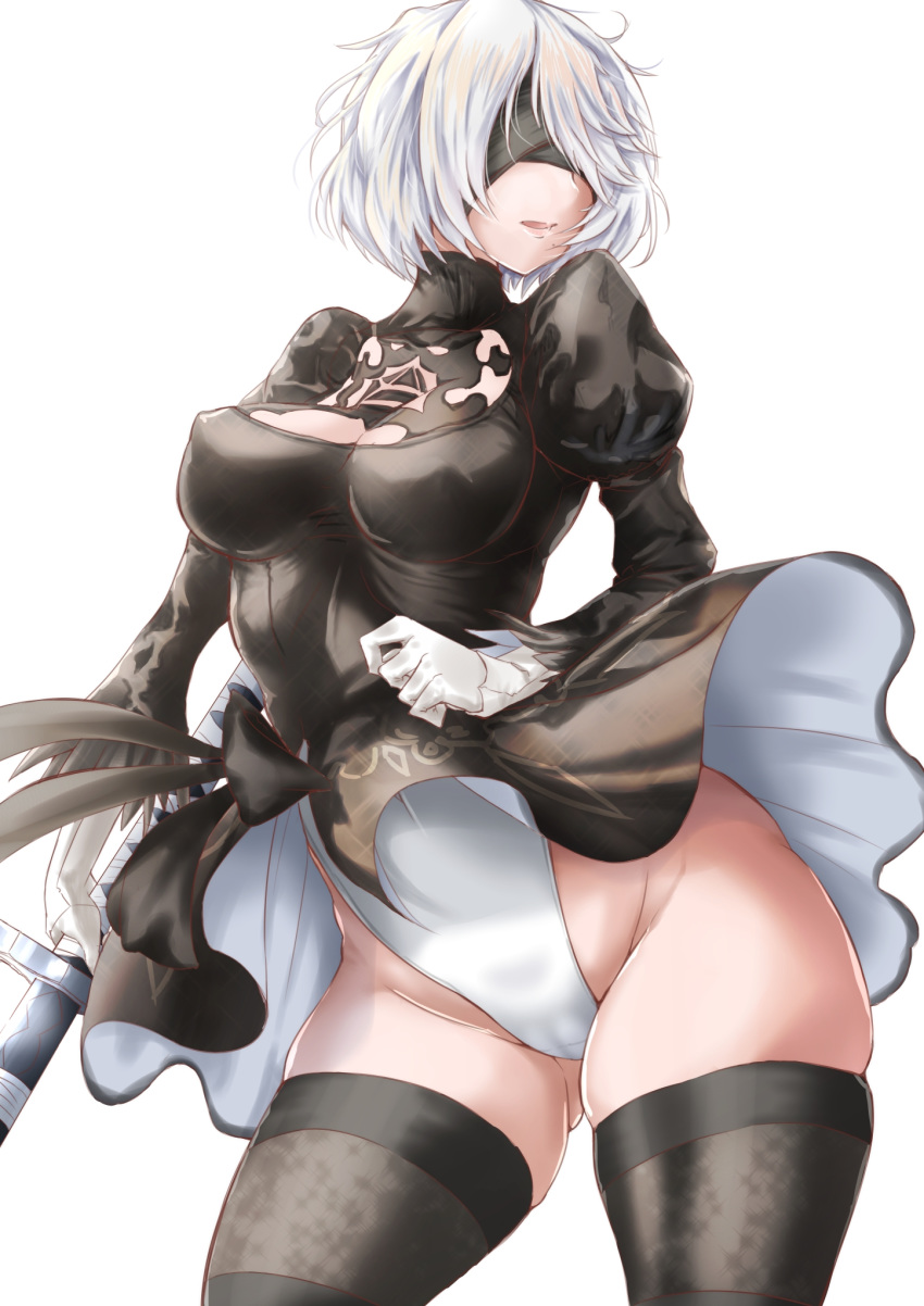 2b_(nier:automata) black_blindfold black_dress black_thighhighs blindfold boots breasts cleavage cleavage_cutout clothes_lift clothing_cutout commentary covered_eyes covered_nipples dress feather-trimmed_sleeves feather_trim female gloves highleg highleg_leotard highres holding holding_sword holding_weapon juliet_sleeves leotard long_sleeves medium_breasts mole mole_under_mouth nier:automata nier_(series) puffy_sleeves short_hair skirt skirt_lift solo sword thighhighs thighhighs_under_boots thighs tomako_(tatihitoe) two-sided_fabric two-sided_skirt weapon white_gloves white_hair white_leotard