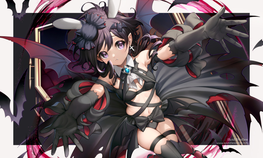 animal_ears armpits artist_name bare_shoulders bat_(animal) bat_hair_ornament bat_wings black_bow black_gloves black_ribbon black_thighhighs blood border bow breasts brooch candy_hair_ornament closed_mouth coffin commentary cross cross_earrings detached_collar drill_hair earrings elbow_gloves fang_out female food-themed_hair_ornament glint gloves gradient_legwear gradient_wings hair_ornament highres jewelry kaze-hime knees_together_feet_apart looking_at_viewer multicolored_wings navel oerba_yun_fang original outside_border outstretched_arms pout purple_eyes purple_hair rabbit_ears reaching reaching_towards_viewer red_thighhighs revealing_clothes ribbon single_earring skindentation small_breasts solo sparkle thigh_strap thighhighs torn torn_clothes vampire watermark web_address white_border wing_collar wings