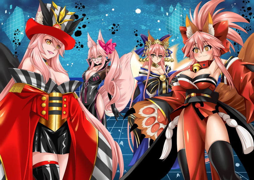 4girls :3 @_@ absurdres animal_ear_fluff animal_ears animal_hands asymmetrical_footwear bare_shoulders bell black_bodysuit blue_bow blue_kimono blush bodysuit bow breasts cat_paws catsuit center_opening choker cleavage coat collar collarbone crown darkness eyewear_strap fate/grand_order fate_(series) fox_ears fox_girl fox_shadow_puppet fox_tail glasses gloves grey-framed_eyewear hat highres hip_vent holding holding_smoking_pipe japanese_clothes jingle_bell kimono koyanskaya_(assassin)_(first_ascension)_(fate) koyanskaya_(fate) koyanskaya_(foreigner)_(second_ascension)_(fate) large_breasts long_hair looking_at_viewer meierufu mismatched_footwear multiple_girls multiple_persona multiple_tails neck_bell oerba_yun_fang off_shoulder open_bodysuit open_clothes open_mouth paw_gloves pink_bow pink_hair pink_ribbon ponytail red_coat red_kimono red_ribbon ribbon side_ponytail smoking_pipe tail tamamo_(fate) tamamo_cat_(fate) tamamo_cat_(first_ascension)_(fate) tamamo_no_mae_(fate/extra) tamamo_no_mae_(third_ascension)_(fate) thighs top_hat yellow_eyes