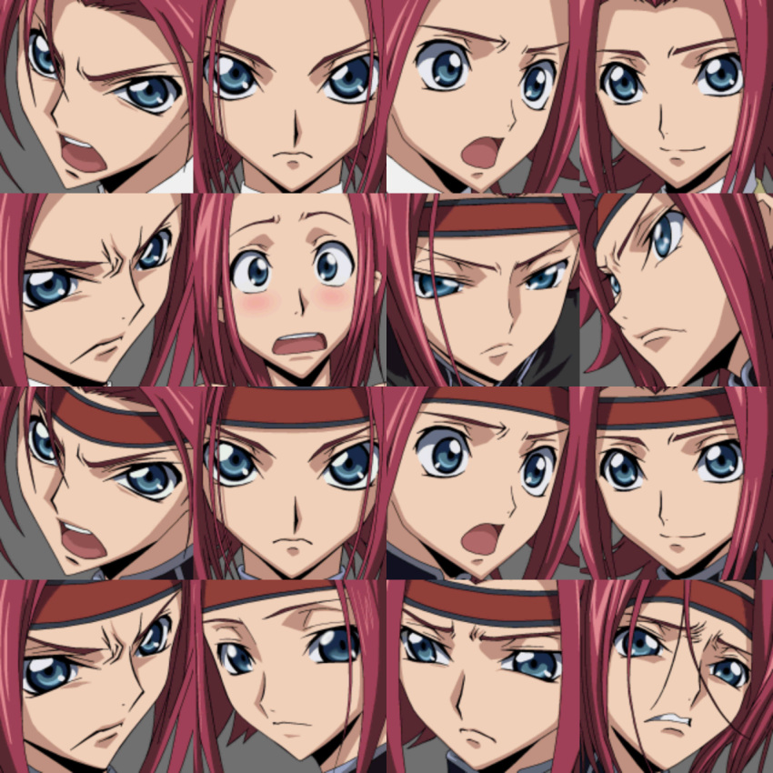 anime_screenshot blue_eyes blush code_geass collage female grey_background headband highres kouzuki_kallen looking_at_viewer open_mouth red_hair short_hair simple_background smile solo sprite_sheet super_robot_wars super_robot_wars_z super_robot_wars_z3