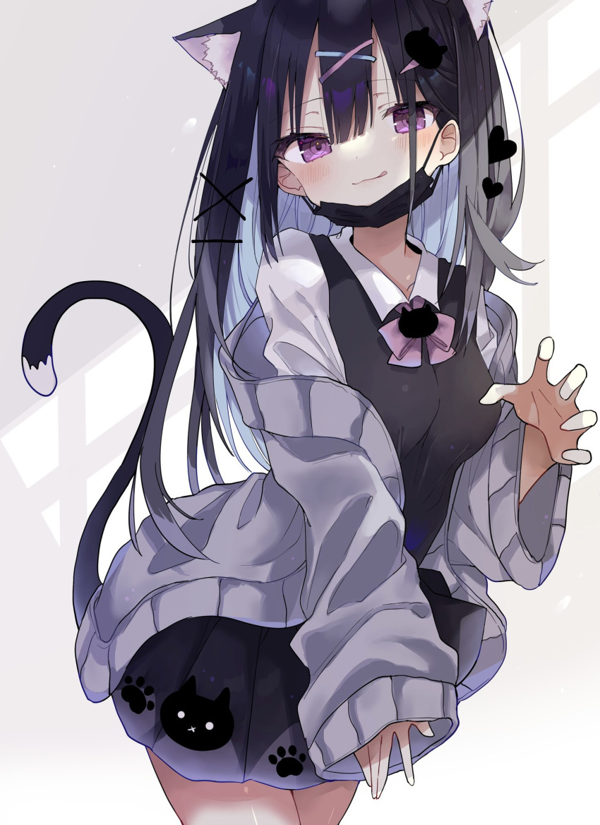 :q animal_ear_fluff animal_ears black_skirt black_surgical_mask black_vest breasts cardigan cat_ears cat_girl cat_tail claw_pose commentary extra_ears female highres long_hair long_sleeves looking_at_viewer mask mask_pull miniskirt mouth_mask off_shoulder open_cardigan open_clothes original purple_eyes shirt skirt sleeves_past_wrists solo suisei_1121 surgical_mask symbol-only_commentary tail tongue tongue_out vest white_shirt