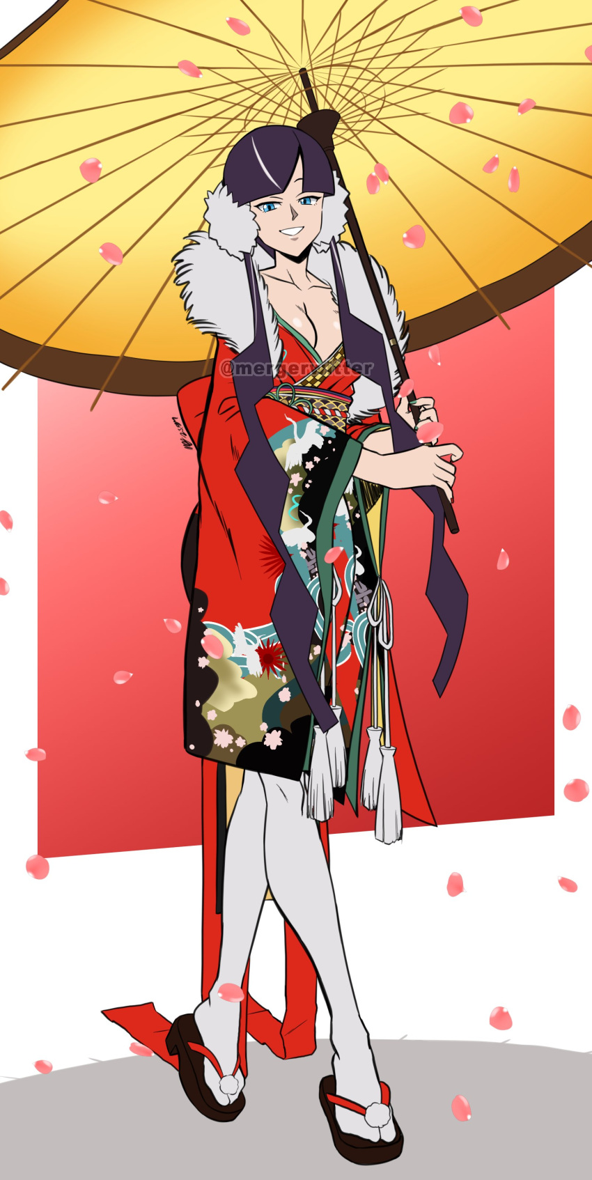 :d absurdres alternate_skirt_length azur_lane breasts cleavage commission cosplay elesa_(pokemon) female full_body fur-trimmed_kimono fur_trim highres hikasa_youko holding holding_umbrella japanese_clothes kimono looking_at_viewer mergeritter official_alternate_costume oil-paper_umbrella okobo petals pokemon pokemon_bw2 sandals smile st._louis_(azur_lane) st._louis_(azur_lane)_(cosplay) st._louis_(spirits_in_the_snow)_(azur_lane) umbrella voice_actor_connection