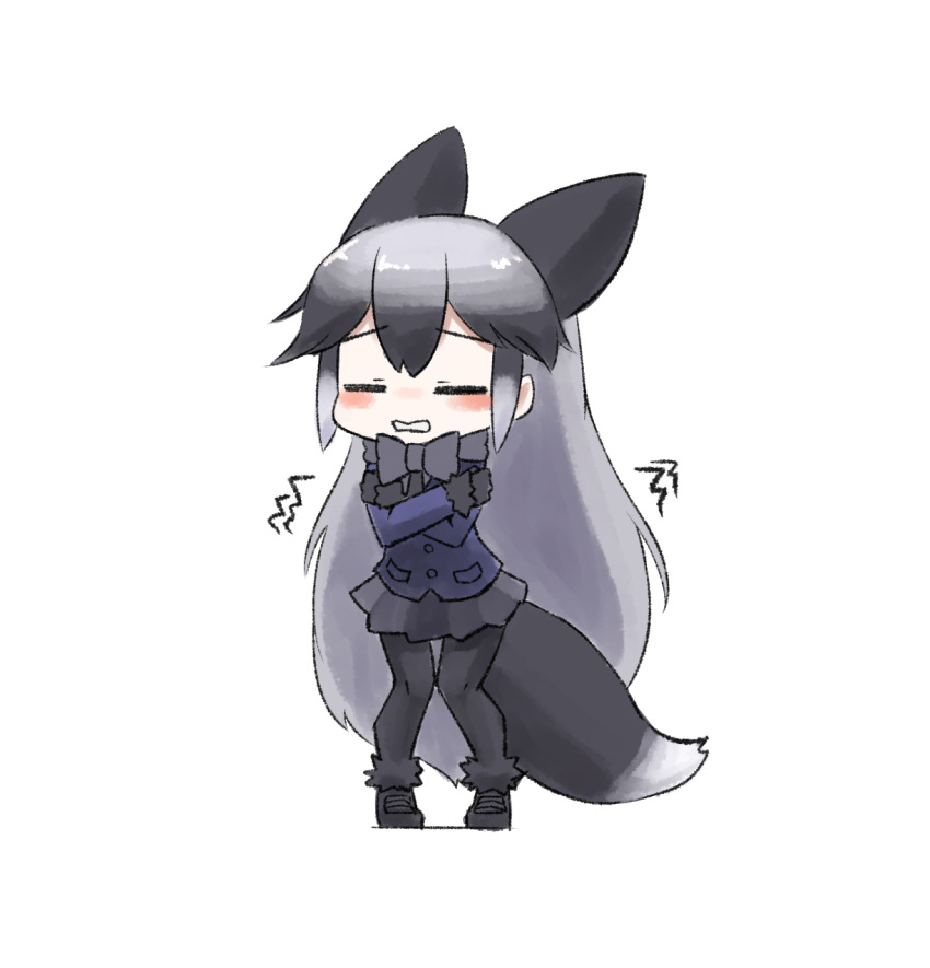 animal_ears black_bow black_bowtie black_footwear black_fur black_gloves black_hair black_necktie black_pantyhose black_skirt blue_jacket blush bow bowtie closed_eyes commentary extra_ears female fox_ears fox_girl fox_tail fur_trim gloves grey_hair highres jacket kemono_friends long_hair long_sleeves multicolored_hair necktie okome_kogashi pantyhose pleated_skirt romaji_commentary self_hug silver_fox_(kemono_friends) skirt solo tail trembling