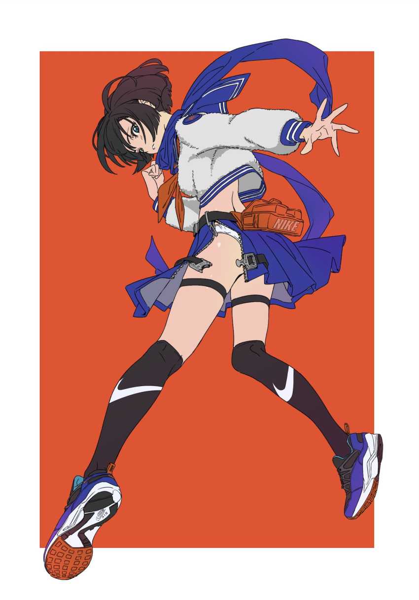 black_eyes black_hair black_legwear blue_footwear blue_sailor_collar blue_scarf blue_skirt border commentary crop_top english_commentary female hand_up highres logo long_sleeves midriff neckerchief nike_(company) open_clothes open_skirt orange_background orange_neckerchief original outside_border over-kneehighs panties parted_lips pleated_skirt sailor_collar scarf shoes short_hair skirt socks solo tarou2 thighhighs underwear upshirt white_border white_panties zipper