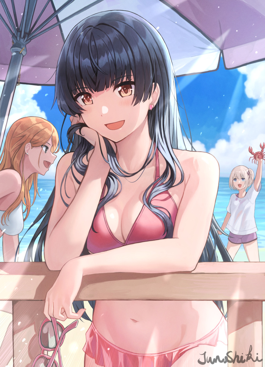 3girls :d against_railing arm_up beach beach_umbrella bikini bikini_skirt black_hair blonde_hair blue_eyes blunt_bangs breasts brown_eyes cleavage collarbone commentary_request crab day ear_piercing grey_eyes hair_down highres holding holding_removed_eyewear horizon idolmaster idolmaster_shiny_colors izumi_mei junshiki long_hair looking_at_viewer mayuzumi_fuyuko medium_breasts multiple_girls navel ocean open_mouth orange_hair outdoors piercing purple_shorts railing red_bikini serizawa_asahi shirt short_sleeves shorts side_ponytail signature smile solo_focus standing straylight_(idolmaster) sunglasses sunlight swimsuit umbrella unworn_eyewear white_bikini white_shirt