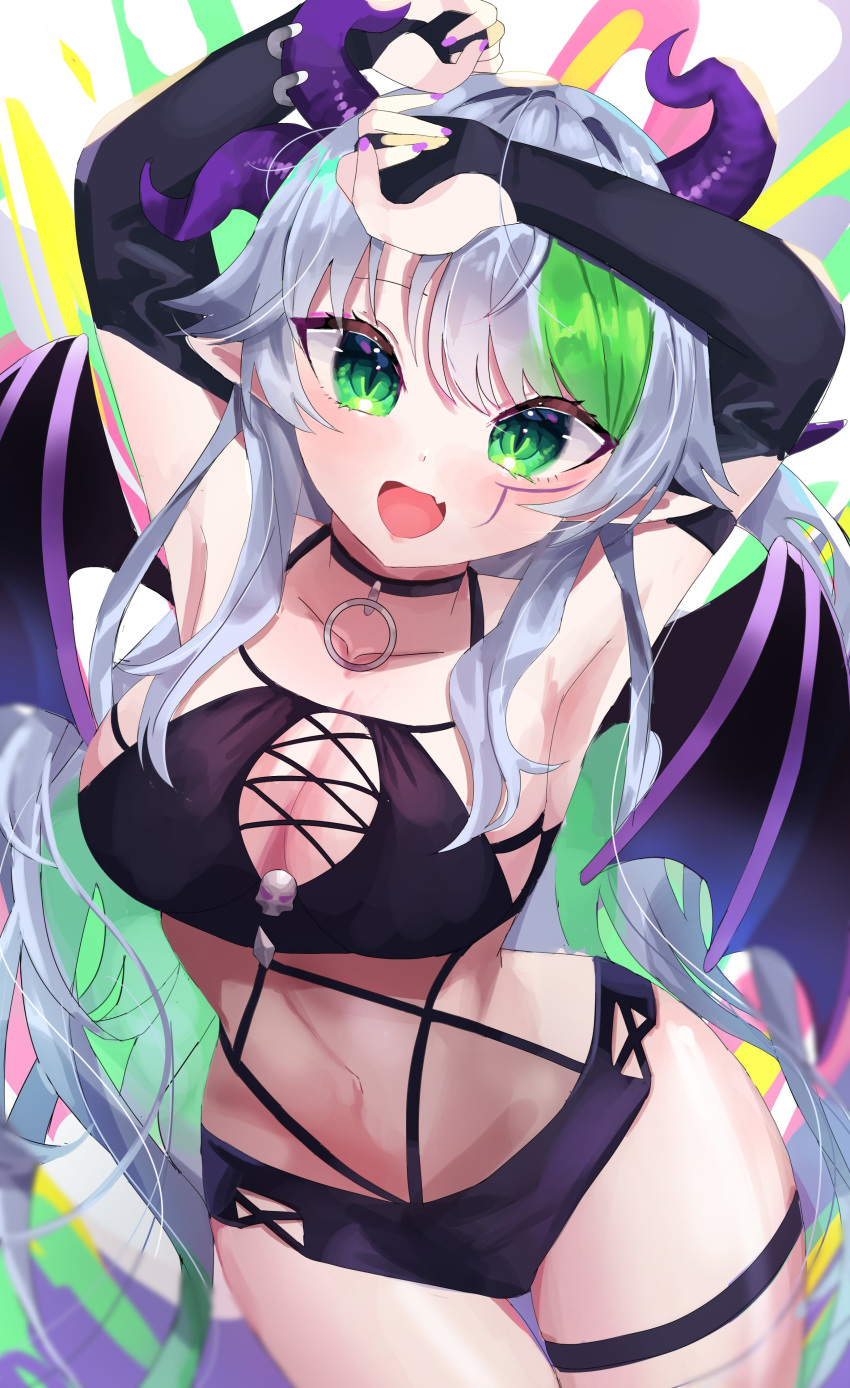 absurdres apricot_the_lich bikini black_bikini black_gloves black_shorts breasts choker cleavage cleavage_cutout clothing_cutout commentary criss-cross_halter demon_girl demon_horns demon_tail elbow_gloves english_commentary female gloves green_eyes green_hair halterneck highres horn_piercing horns large_breasts looking_at_viewer multicolored_hair multiple_horns nail_polish oerba_yun_fang open_mouth pointy_ears purple_horns purple_nails short_hair_with_long_locks shorts skin_fang smile streaked_hair swimsuit tail thigh_strap virtual_youtuber vshojo wellski