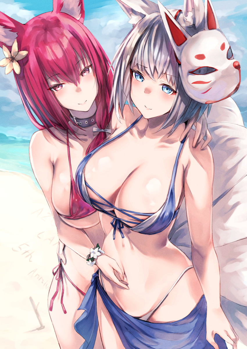 2girls alexi_oekaki animal_ears azur_lane bikini blush breasts chiyoda_(azur_lane) chiyoda_(shimmering_surf)_(azur_lane) cleavage closed_mouth commentary_request fox_ears grey_hair hair_ornament hand_on_another's_shoulder hand_on_another's_stomach highres kaga_(azur_lane) kaga_(everlasting_killing_stone)_(azur_lane) large_breasts long_hair looking_at_viewer mask mask_on_head multiple_girls official_alternate_costume outdoors red_bikini red_hair smile swimsuit