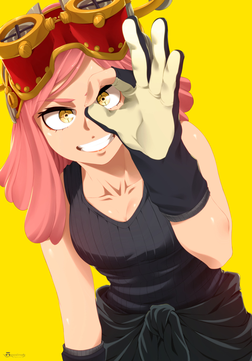 +_+ absurdres black_gloves black_shirt boku_no_hero_academia breasts cleavage clothes_around_waist collarbone female gloves goggles goggles_on_head grin hatsume_mei highres jacket jacket_around_waist large_breasts leaning_forward looking_at_viewer medium_hair pink_hair ribbed_shirt shirt simple_background sleeveless sleeveless_shirt smile solo stayaliveplz symbol-shaped_pupils yellow_background yellow_eyes