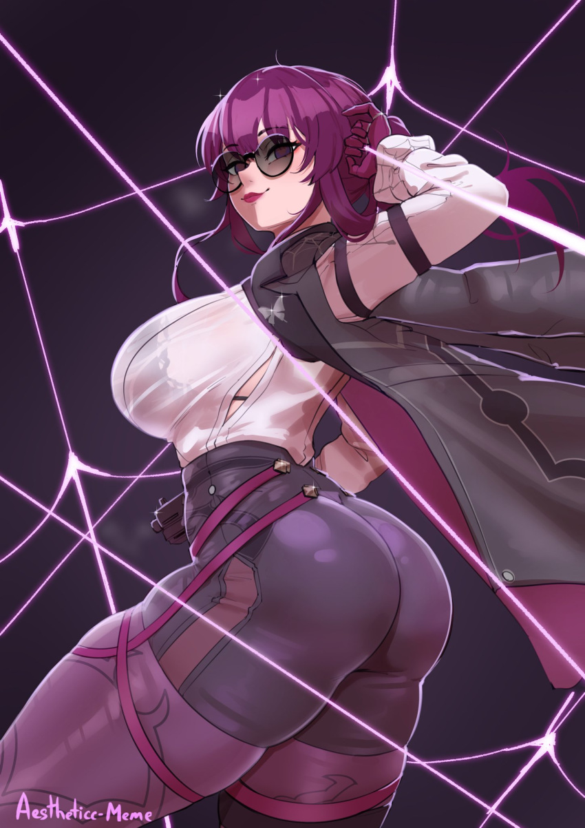 aestheticc-meme ass black_bra black_jacket black_shorts blush boots bra bra_visible_through_clothes breasts butterfly_ornament female gloves gun high-waist_shorts highres honkai:_star_rail honkai_(series) jacket kafka_(honkai:_star_rail) large_breasts long_hair pantyhose pantyhose_under_shorts pince-nez purple_eyes purple_gloves purple_hair purple_pantyhose round_eyewear see-through see-through_shirt shirt shorts single_thigh_boot smile solo submachine_gun sunglasses thigh_boots thread tinted_eyewear underwear variant_set weapon white_shirt