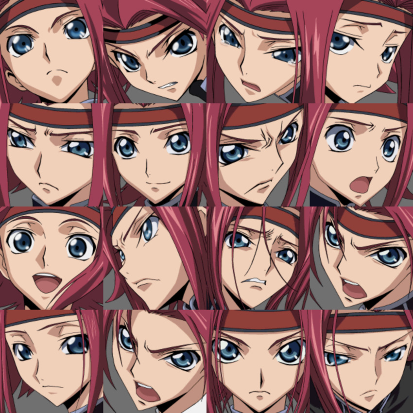 anime_screenshot blue_eyes blush code_geass collage female grey_background headband highres kouzuki_kallen looking_at_viewer open_mouth red_hair short_hair simple_background smile solo sprite_sheet super_robot_wars super_robot_wars_z super_robot_wars_z3