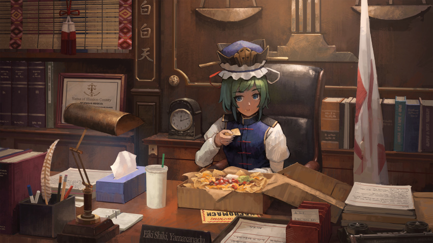 absurdres bad_id bad_pixiv_id blue_eyes blue_hat blue_vest book box chair character_name clock commentary desk_lamp diploma eating epaulettes feathers female food frilled_hat frills green_hair hat highres holding holding_food indoors juliet_sleeves lamp long_sleeves looking_at_viewer mikado_(winters) nachos puffy_sleeves ribbon shiki_eiki shirt short_hair sitting solo tissue tissue_box touhou upper_body vest white_shirt