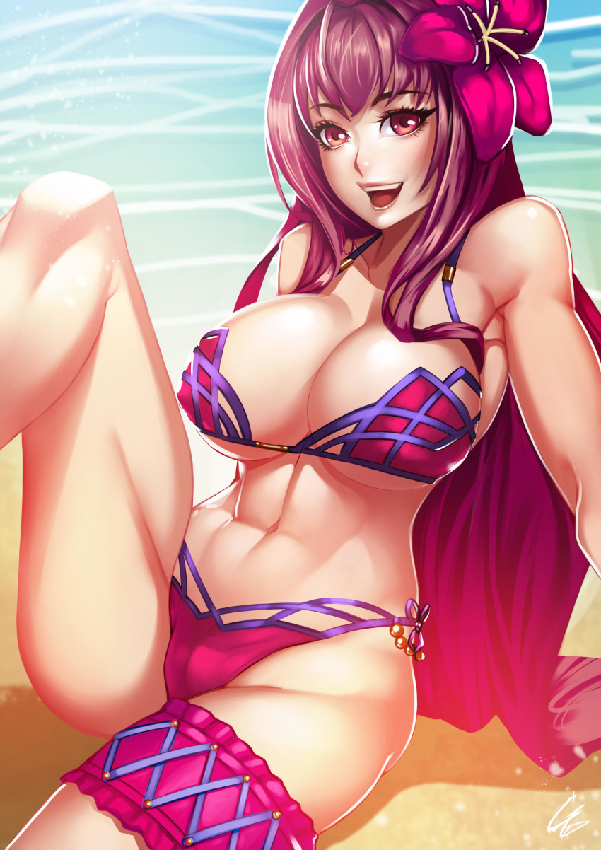 :d abs absurdres arm_support beach bikini breasts cameltoe caustics cleavage commentary commission covered_nipples day english_commentary fate/grand_order fate_(series) female flower frills gdecy hair_flower hair_intakes hair_ornament hibiscus highres large_breasts leg_garter leg_up long_hair looking_at_viewer mons_pubis navel open_mouth outdoors pink_bikini pink_hair red_eyes sand scathach_(fate)_(all) scathach_(swimsuit_assassin)_(fate) side-tie_bikini signature sitting smile solo stomach sunlight swimsuit thighs toned upper_teeth very_long_hair water