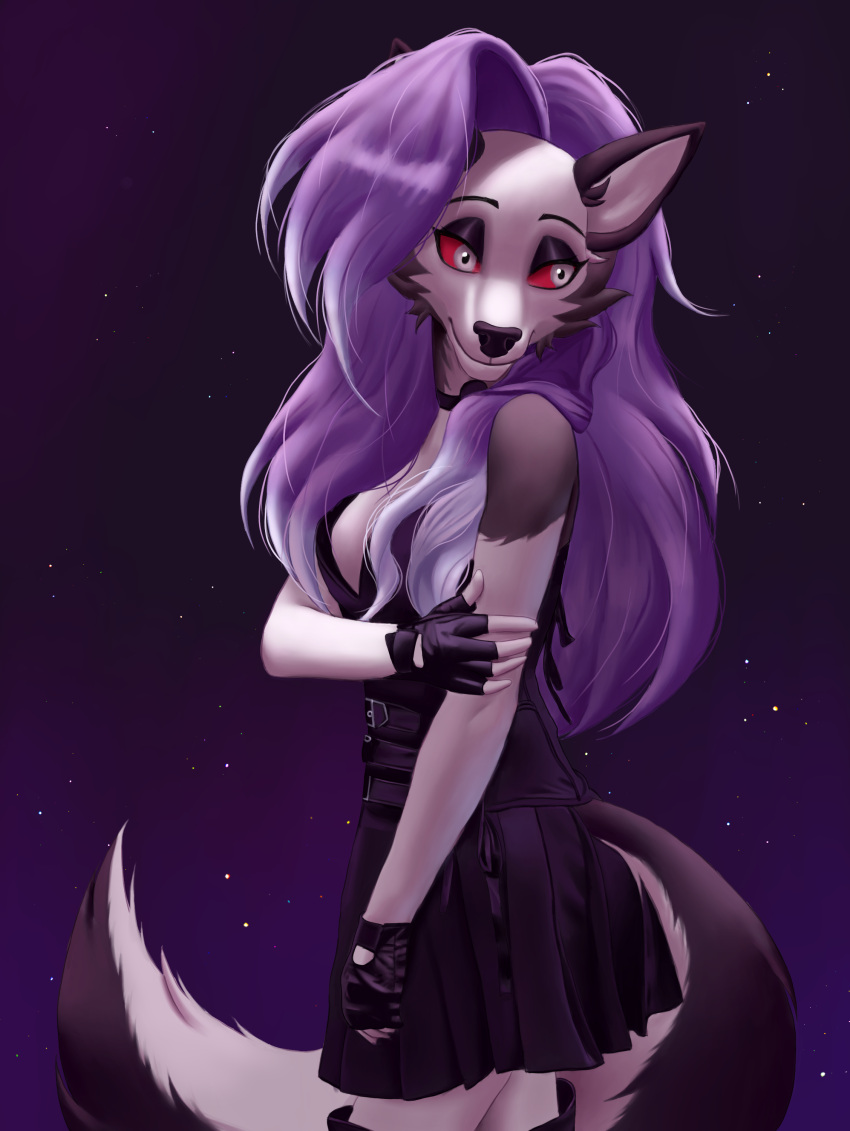 2022 absurd_res anthro biped black_body black_clothing black_dress black_fur black_nose canid canid_demon canine canis clothed clothing demon demongirl_demoness digital_media_(artwork) dress eyebrows female fingerless_gloves fully_clothed fur gloves hair hand_on_arm hand_on_own_arm handwear hellhound helluva_boss hi_res loona_(helluva_boss) mammal multicolored_body multicolored_fur mythological_canine mythological_creature mythology portrait purple_hair purple_theme red_sclera shaded side_view simple_background solo three-quarter_portrait white_body white_eyes white_fur wolf