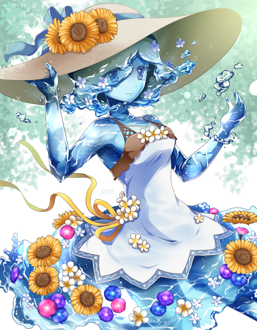 blue_eyes blue_skin colored_skin dress elemental_(creature) female flower hair_flower hair_ornament hat highres looking_at_viewer monster_girl original ribbon slime_girl smile sun_hat sundress sunflower togeshiro_azami water white_dress yellow_ribbon