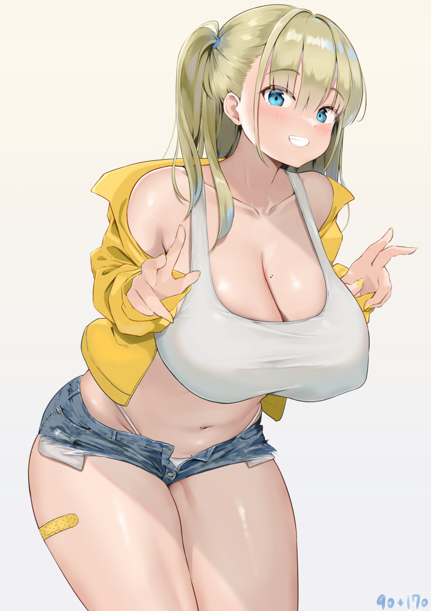 aymusk bandaid bandaid_on_leg bandaid_on_thigh blonde_hair blue_eyes blue_shorts blush breasts cleavage collarbone commentary_request covered_nipples curvy denim denim_shorts double_v exposed_pocket female freckles-chan_(aymusk) grey_background grin hair_between_eyes highleg highleg_panties highres jacket large_breasts leaning_forward long_hair mole mole_on_breast navel open_fly original panties short_shorts shorts simple_background smile solo sports_bra standing stomach teeth thighs unbuttoned underwear v white_panties white_sports_bra yellow_jacket