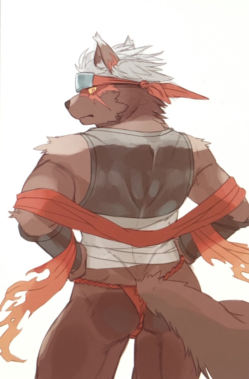 accessory asian_clothing ass biri canid canine canis clothing digital_media_(artwork) digital_painting_(artwork) domestic_dog east_asian_clothing fundoshi headband hi_res japanese_clothing lifewonders male mammal muscular muscular_male red_clothing red_fundoshi red_underwear scard shirt solo tadatomo_(tas) tank_top tokyo_afterschool_summoners topwear underwear