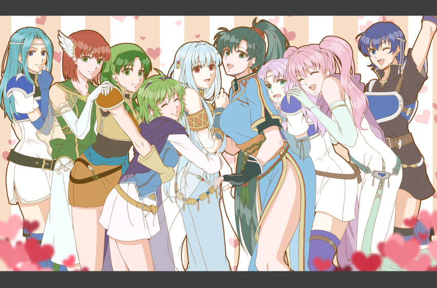 6+girls armor bare_shoulders belt blue_dress blue_eyes blue_hair closed_eyes delsaber dress farina_(fire_emblem) fiora_(fire_emblem) fire_emblem fire_emblem:_the_blazing_blade fire_emblem_heroes florina_(fire_emblem) green_eyes green_hair heart light_blue_hair long_hair looking_at_viewer lyn_(fire_emblem) multiple_girls ninian_(fire_emblem) nino_(fire_emblem) one_eye_closed open_mouth orange_hair pink_hair ponytail priscilla_(fire_emblem) rebecca_(fire_emblem) red_eyes serra_(fire_emblem) skirt smile thighs twintails white_skirt