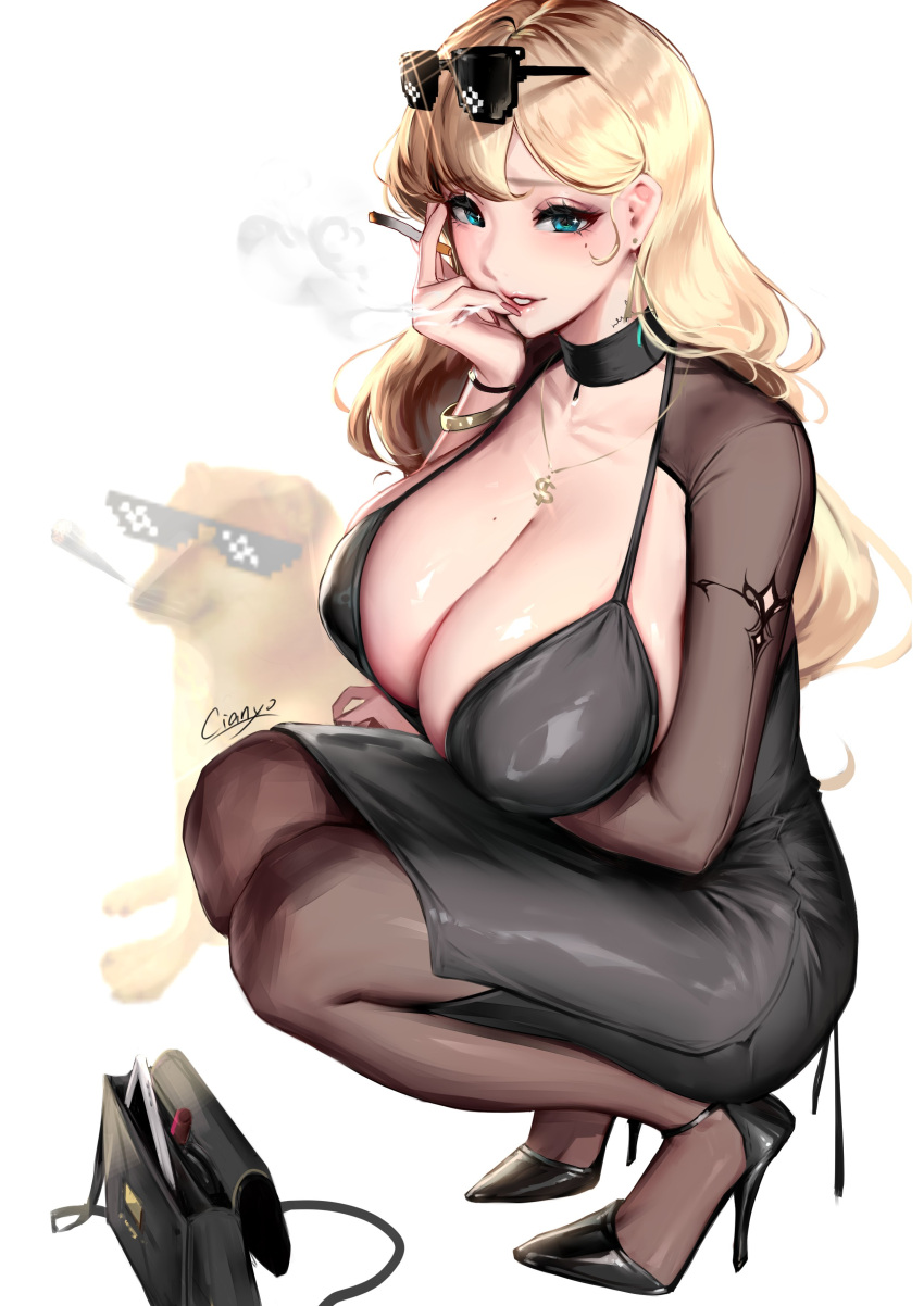 absurdres bad_id bad_twitter_id bag black_dress blonde_hair blue_eyes breasts cheemsburger_(doge) cian_yo cigarette cleavage deal_with_it_(meme) dollar_sign dress eyewear_on_head female full_body handbag high_heels highres holding holding_cigarette huge_breasts long_hair meme original pantyhose signature simple_background smile squatting sunglasses white_background