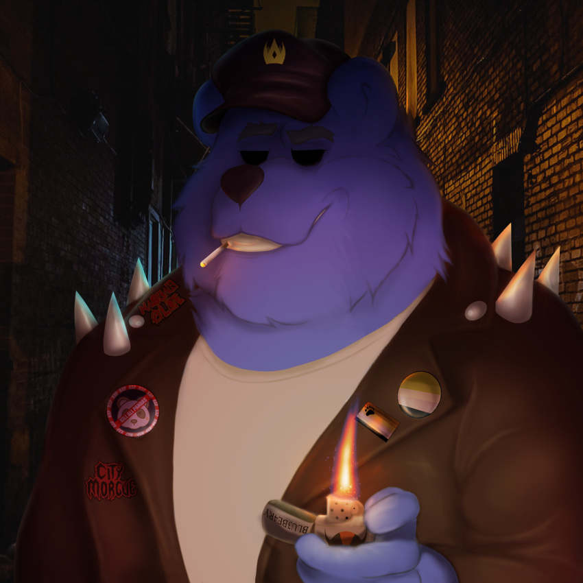 1:1 alley anthro aromantic_pride_colors bear bear_pride_colors black_eyes blu3be4ry blue_body blue_fur captin_hat cigarette clothing creepy_smile fur hat headgear headwear hi_res jacket lapel_pin leather leather_clothing leather_hat leather_headgear leather_headwear leather_jacket leather_topwear lgbt_pride lighter lil_darkie male mammal overweight overweight_male pin_(disambiguation) pin_accessory pin_button pride_color_accessory pride_colors pride_pin racism scaphel smile solo spikes subculture_pride_colors topwear ursine