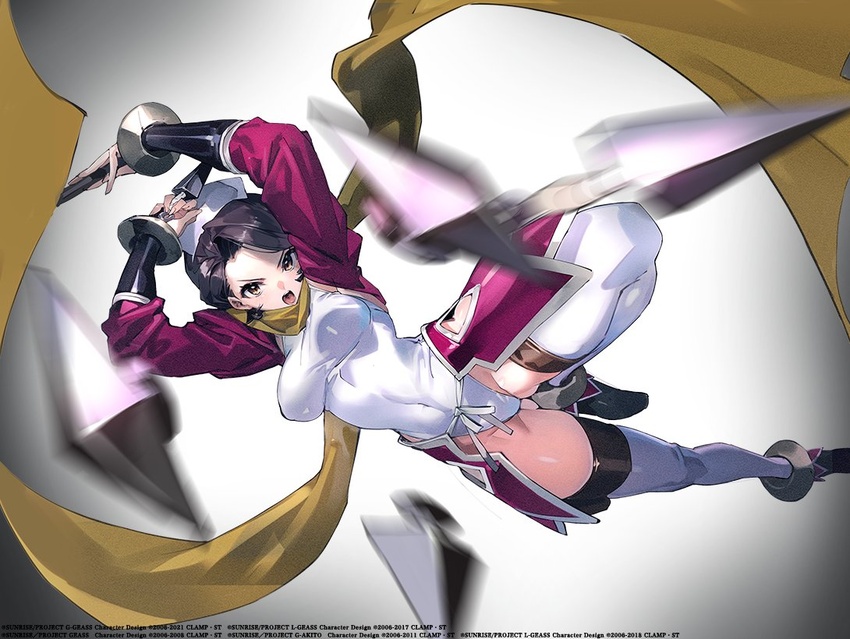 black_footwear breasts code_geass code_geass:_genesic_re;code covered_navel cropped_jacket female floating_scarf holding holding_knife jacket knife kunai leotard maid_headdress medium_breasts motion_blur ninja official_art open_mouth pink_jacket scarf shinozaki_sayoko short_hair solo thighhighs weapon white_background white_leotard white_thighhighs whoopin yellow_eyes yellow_scarf