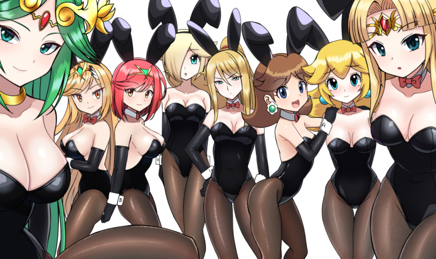 6+girls alternate_costume animal_ears backpack bag black_gloves black_legwear black_leotard blonde_hair blue_eyes blunt_bangs bob_cut bow bowtie breasts brown_eyes brown_hair circlet cleavage company_connection cowboy_shot crown detached_collar earrings elbow_gloves forehead_jewel gloves green_eyes green_hair hair_over_one_eye headpiece jewelry kid_icarus kid_icarus_uprising large_breasts laurel_crown leotard long_hair mario_(series) medium_breasts metroid multiple_girls mythra_(xenoblade) nintendo palutena pantyhose parted_bangs playboy_bunny ponytail princess_daisy princess_peach princess_zelda pyra_(xenoblade) rabbit_ears rabbit_tail red_bow red_bowtie red_eyes red_hair rosalina samus_aran short_hair simple_background strapless strapless_leotard super_smash_bros. swept_bangs tail the_legend_of_zelda the_legend_of_zelda:_a_link_to_the_past tiara very_long_hair white_background wrist_cuffs xenoblade_chronicles_(series) xenoblade_chronicles_2 yellow_eyes zetsuei_(zetto)