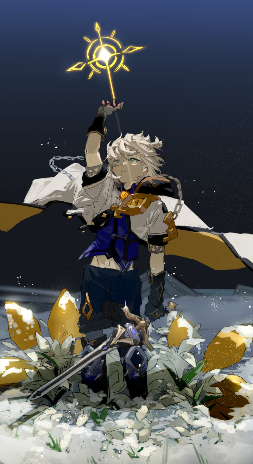 1boy absurdres albedo_(genshin_impact) aqua_eyes arm_up aura black_gloves blonde_hair blue_background cape chains cinnabar_spindle_(genshin_impact) closed_mouth flower genshin_impact gloves gradient_background highres holding holding_sword holding_weapon hood hooded_coat kurattes looking_up male_focus midriff navel standing sword vision_(genshin_impact) weapon